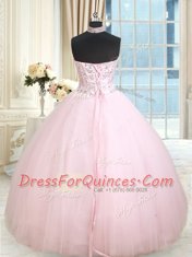 Halter Top Floor Length Baby Pink Quince Ball Gowns Tulle Sleeveless Beading