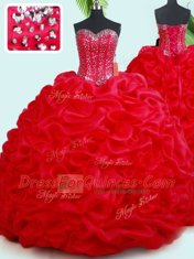 Noble Red Sleeveless Beading and Pick Ups Lace Up Sweet 16 Dress