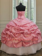 Amazing Floor Length Pink And White Quince Ball Gowns Taffeta and Tulle Sleeveless Beading and Pick Ups and Hand Made Flower