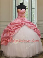 Amazing Floor Length Pink And White Quince Ball Gowns Taffeta and Tulle Sleeveless Beading and Pick Ups and Hand Made Flower