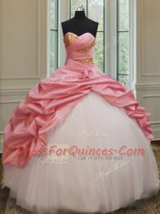 Amazing Floor Length Pink And White Quince Ball Gowns Taffeta and Tulle Sleeveless Beading and Pick Ups and Hand Made Flower