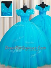 Off the Shoulder Baby Blue Vestidos de Quinceanera Tulle Court Train Sleeveless Hand Made Flower