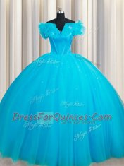 Off the Shoulder Baby Blue Vestidos de Quinceanera Tulle Court Train Sleeveless Hand Made Flower