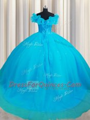 Off the Shoulder Baby Blue Vestidos de Quinceanera Tulle Court Train Sleeveless Hand Made Flower