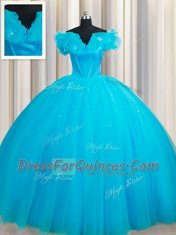 Off the Shoulder Baby Blue Vestidos de Quinceanera Tulle Court Train Sleeveless Hand Made Flower