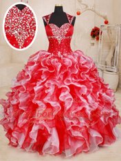 Vintage Straps Floor Length Ball Gowns Sleeveless White and Red Ball Gown Prom Dress Lace Up