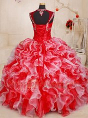 Vintage Straps Floor Length Ball Gowns Sleeveless White and Red Ball Gown Prom Dress Lace Up