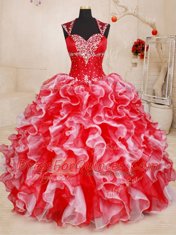 Vintage Straps Floor Length Ball Gowns Sleeveless White and Red Ball Gown Prom Dress Lace Up