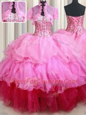 Beautiful Sequins Rose Pink Sleeveless Organza Lace Up Quinceanera Gowns for Military Ball and Sweet 16 and Quinceanera