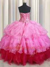 Beautiful Sequins Rose Pink Sleeveless Organza Lace Up Quinceanera Gowns for Military Ball and Sweet 16 and Quinceanera