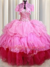 Beautiful Sequins Rose Pink Sleeveless Organza Lace Up Quinceanera Gowns for Military Ball and Sweet 16 and Quinceanera
