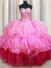 Beautiful Sequins Rose Pink Sleeveless Organza Lace Up Quinceanera Gowns for Military Ball and Sweet 16 and Quinceanera