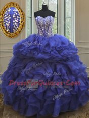 Royal Blue Ball Gowns Sweetheart Sleeveless Organza Floor Length Lace Up Beading and Ruffles Sweet 16 Quinceanera Dress