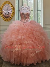 New Arrival See Through Peach Ball Gowns Scoop Sleeveless Organza Floor Length Lace Up Beading and Ruffles Ball Gown Prom Dress