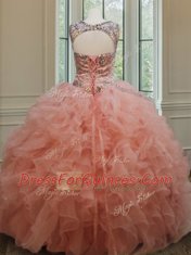 New Arrival See Through Peach Ball Gowns Scoop Sleeveless Organza Floor Length Lace Up Beading and Ruffles Ball Gown Prom Dress