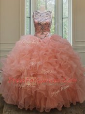 New Arrival See Through Peach Ball Gowns Scoop Sleeveless Organza Floor Length Lace Up Beading and Ruffles Ball Gown Prom Dress