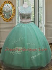 Scoop Apple Green Two Pieces Beading Sweet 16 Dresses Zipper Tulle Sleeveless Floor Length
