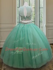 Scoop Apple Green Two Pieces Beading Sweet 16 Dresses Zipper Tulle Sleeveless Floor Length