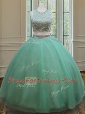 Scoop Apple Green Two Pieces Beading Sweet 16 Dresses Zipper Tulle Sleeveless Floor Length