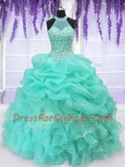 Low Price Aqua Blue Halter Top Neckline Beading and Ruffles and Pick Ups Sweet 16 Quinceanera Dress Sleeveless Lace Up