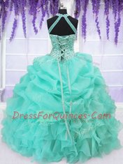 Low Price Aqua Blue Halter Top Neckline Beading and Ruffles and Pick Ups Sweet 16 Quinceanera Dress Sleeveless Lace Up