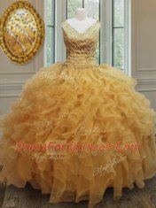 Low Price Gold Sleeveless Floor Length Beading and Ruffles Zipper Quinceanera Dress