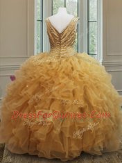 Low Price Gold Sleeveless Floor Length Beading and Ruffles Zipper Quinceanera Dress