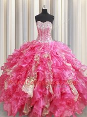 Chic Floor Length Hot Pink Quinceanera Dresses Organza Sleeveless Beading and Ruffles and Sequins