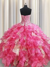 Chic Floor Length Hot Pink Quinceanera Dresses Organza Sleeveless Beading and Ruffles and Sequins
