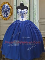 Modest Sweetheart Sleeveless Quinceanera Gown Floor Length Embroidery Royal Blue Taffeta