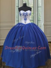Modest Sweetheart Sleeveless Quinceanera Gown Floor Length Embroidery Royal Blue Taffeta