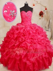 Sweet Sweetheart Sleeveless Sweet 16 Dresses Floor Length Beading and Ruffles Coral Red Organza