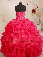 Sweet Sweetheart Sleeveless Sweet 16 Dresses Floor Length Beading and Ruffles Coral Red Organza