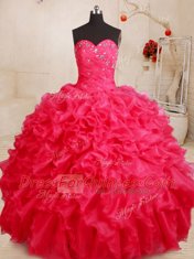 Sweet Sweetheart Sleeveless Sweet 16 Dresses Floor Length Beading and Ruffles Coral Red Organza