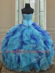 Strapless Sleeveless Lace Up Sweet 16 Dresses Blue Organza