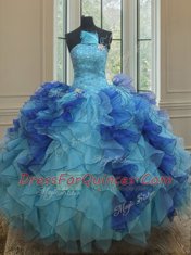 Strapless Sleeveless Lace Up Sweet 16 Dresses Blue Organza