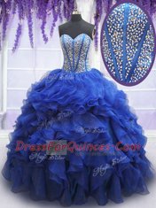Beautiful Royal Blue Ball Gowns Organza Sweetheart Sleeveless Beading and Ruffles Floor Length Lace Up 15 Quinceanera Dress