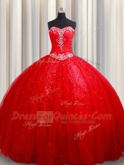 Ball Gowns Vestidos de Quinceanera Red Sweetheart Tulle Sleeveless Lace Up