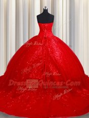 Ball Gowns Vestidos de Quinceanera Red Sweetheart Tulle Sleeveless Lace Up