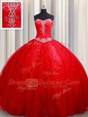 Ball Gowns Vestidos de Quinceanera Red Sweetheart Tulle Sleeveless Lace Up