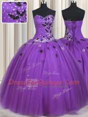 Lovely Sweetheart Sleeveless Quince Ball Gowns Floor Length Beading and Appliques Eggplant Purple Tulle