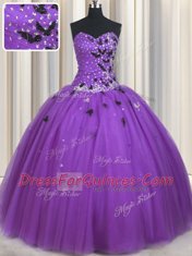 Lovely Sweetheart Sleeveless Quince Ball Gowns Floor Length Beading and Appliques Eggplant Purple Tulle