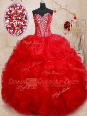 Extravagant Red Ball Gowns Beading and Ruffles Quinceanera Gowns Lace Up Organza Sleeveless Floor Length