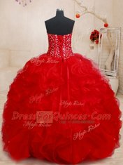 Extravagant Red Ball Gowns Beading and Ruffles Quinceanera Gowns Lace Up Organza Sleeveless Floor Length