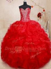 Extravagant Red Ball Gowns Beading and Ruffles Quinceanera Gowns Lace Up Organza Sleeveless Floor Length