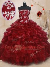 Ruffled Strapless Sleeveless Lace Up Quinceanera Dress Burgundy Organza