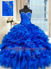 Lovely Royal Blue Lace Up Sweetheart Beading and Ruffles 15th Birthday Dress Organza Sleeveless