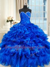 Lovely Royal Blue Lace Up Sweetheart Beading and Ruffles 15th Birthday Dress Organza Sleeveless