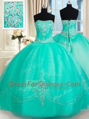 Floor Length Turquoise Sweet 16 Dress Organza Sleeveless Beading and Appliques