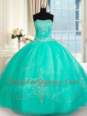 Floor Length Turquoise Sweet 16 Dress Organza Sleeveless Beading and Appliques